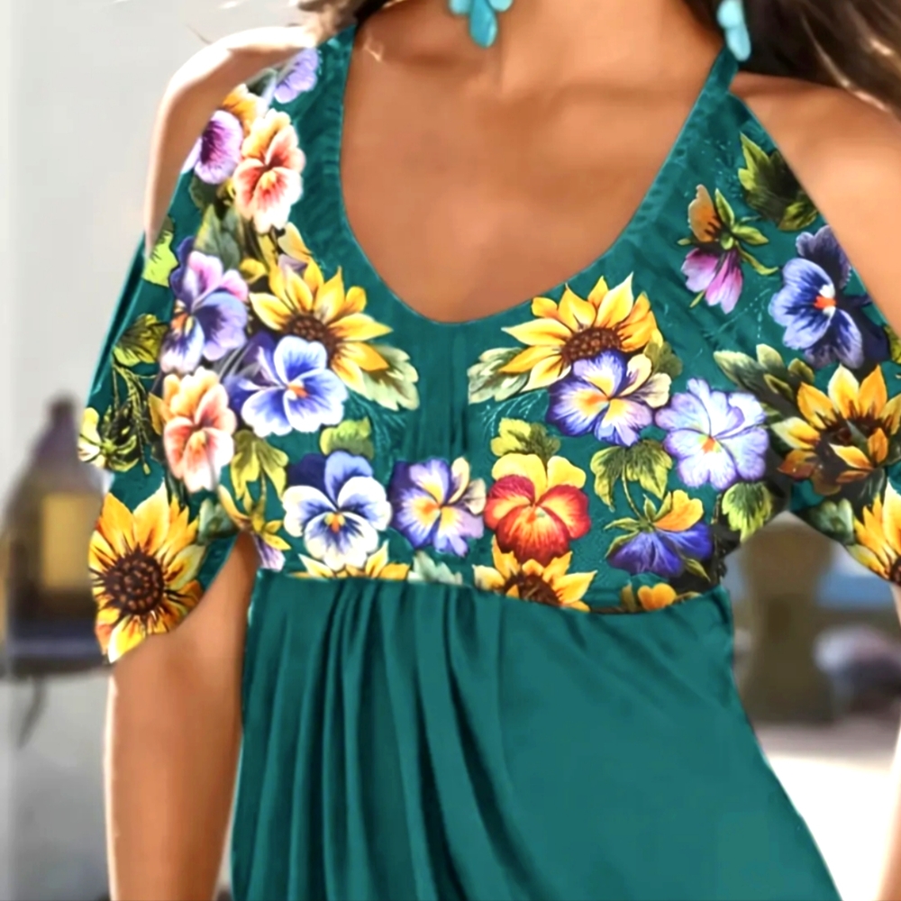 NWOT.  Women's Vintage Floral Print Cut Out Short Sleeve Tops, Casual Scoop Neck